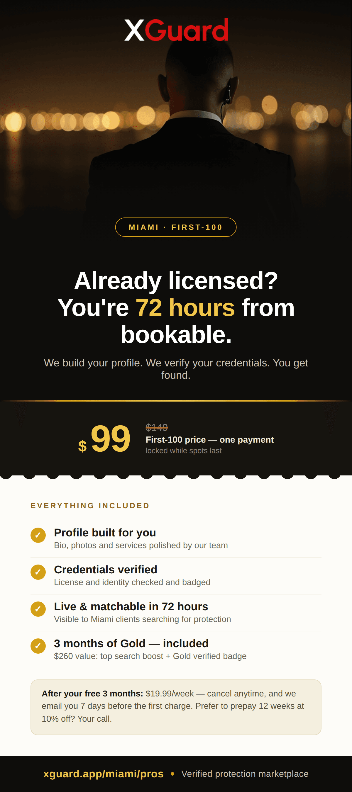 Miami Pro Activation — 72-hour white-glove setup, credential verification, and 3 months of Gold membership included for the First-100 Miami cohort